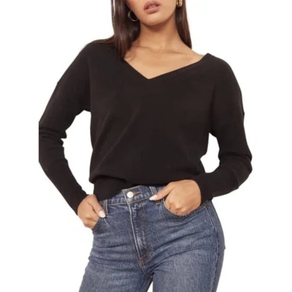 Reformation Sadie Cashmere Wool V-Neck Sweater Pullover Black Size Large - Picture 1 of 16